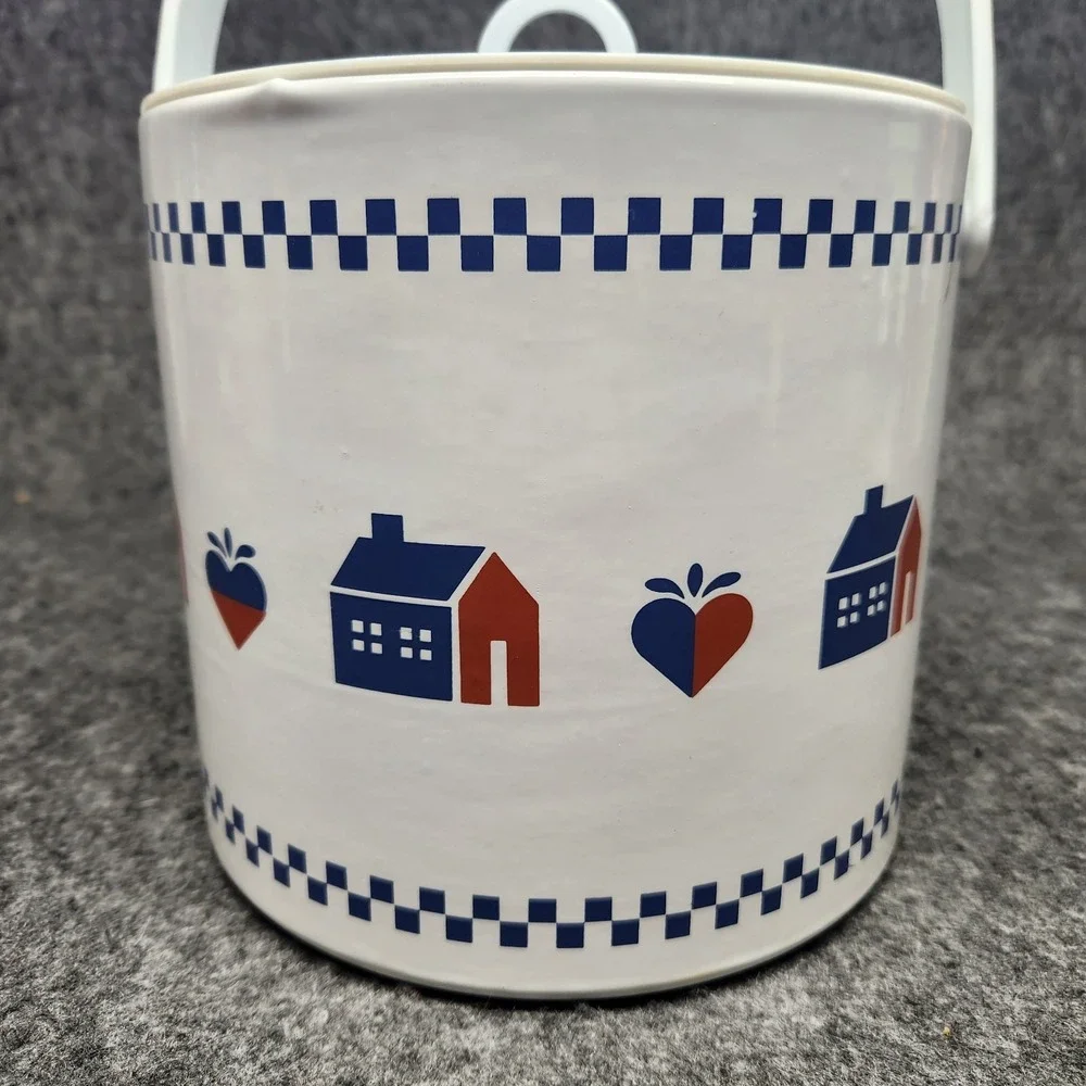 Vintage Barware Acrylic Ice Bucket Canister Country Blue House Heart Cottagecore